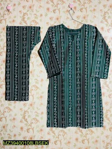 2 Pcs Woman Stitched Lines Printed Suit