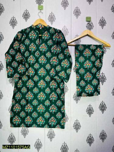 2 Pcs Woman Stitched Lines Printed Suit