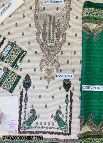 3Pcs Women's Unstitched Lawn Embroidery  suit