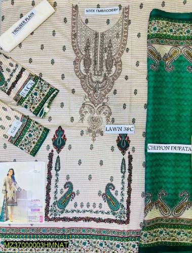 3Pcs Women's Unstitched Lawn Embroidery  suit