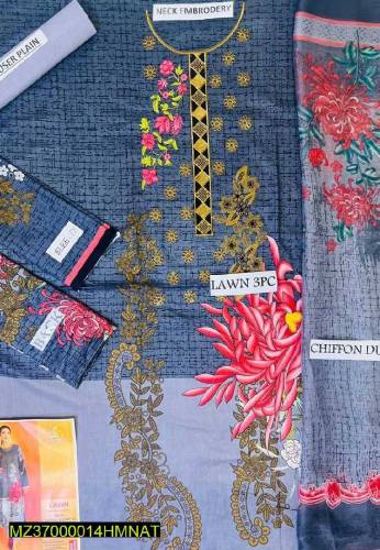 3Pcs Women's Unstitched Lawn Embroidery  suit