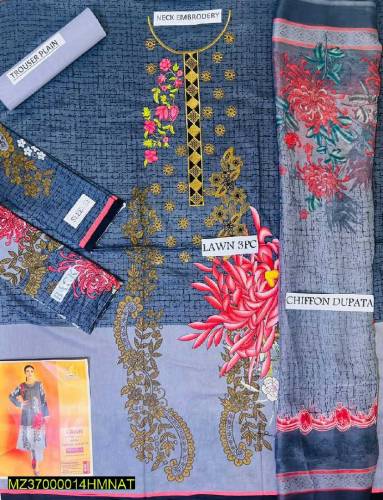 3Pcs Women's Unstitched Lawn Embroidery  suit