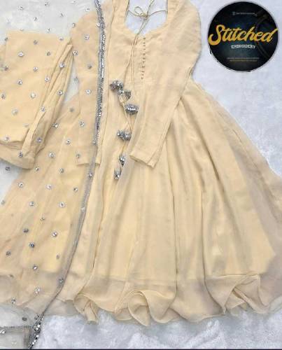 3pcV Neck Long Sleeves Maxi With Handwork 
