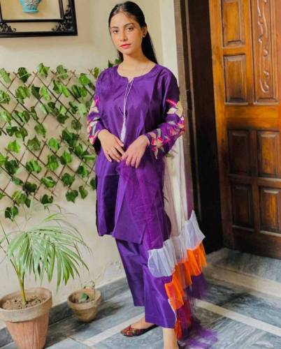 3pcs women stiched katan silk suit 