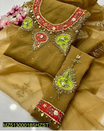 3 PCS Women's Unstitched Organza Embroided Suite