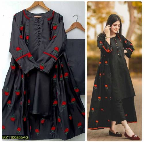 3 Pcs Women Stitched Katan Silk Embroidered Gown