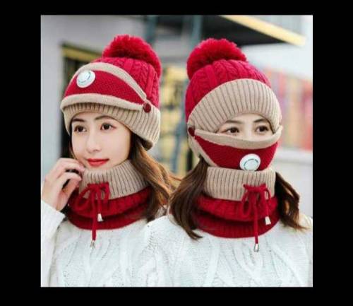 pom pom beanie wool cap withneck warmer