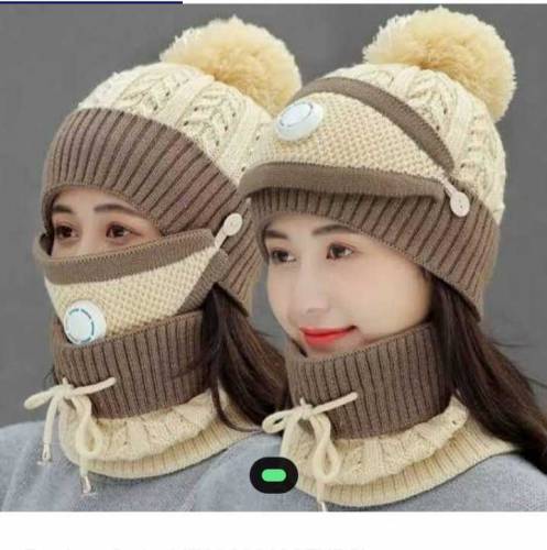 pom pom beanie wool cap withneck warmer