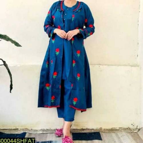 3Pcs Women's Stitched Fancy Katan Silk Embroidered Gown