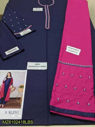 3 PC women unstiched Dhanyal embroided suit