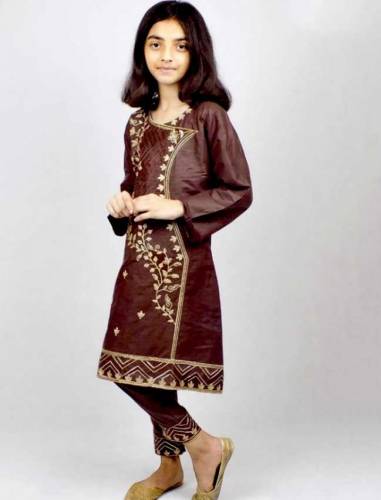 2 Pcs Girls Stitched Cotton Jacquard Embroidered Suit 