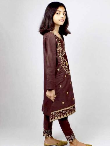 2 Pcs Girls Stitched Cotton Jacquard Embroidered Suit 