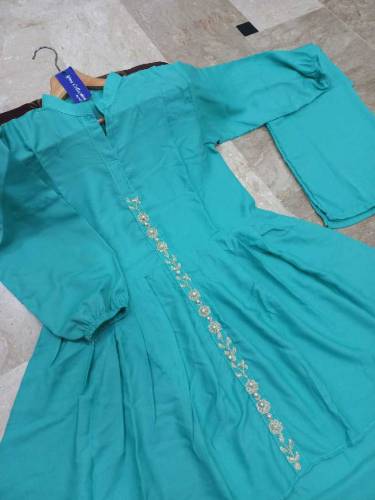 Front Embroidered With Pearls Attached Wastern Long Back Frock With Fl