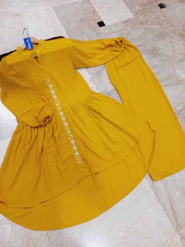 Front Embroidered With Pearls Attached Wastern Long Back Frock With Fl