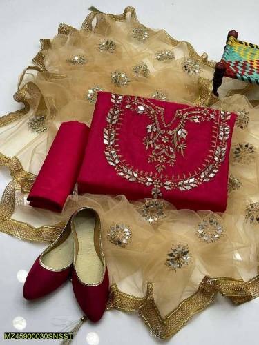 women's 3 pcs unstitiched katan silk embroidered suit with khussa 