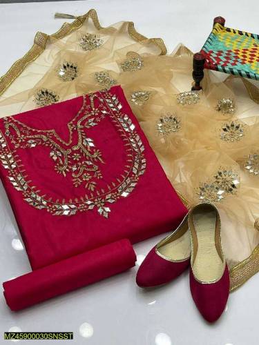 women's 3 pcs unstitiched katan silk embroidered suit with khussa 