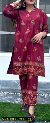 2pcs women's stitched block printed linen suit