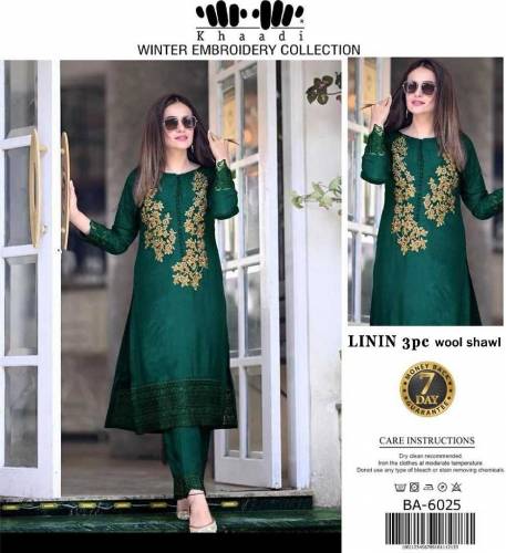 linen Embroidered 3 piece with wool shawl