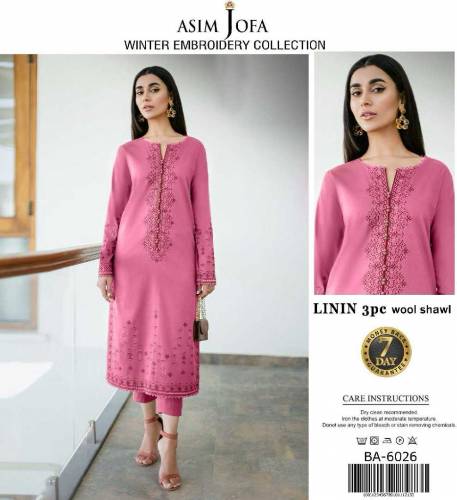 linen Embroidered 3 piece with wool shawl