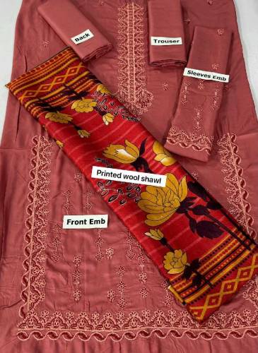 linen Embroidered 3 piece with wool shawl