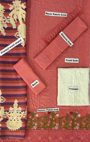 linen Embroidered 3 piece with wool shawl