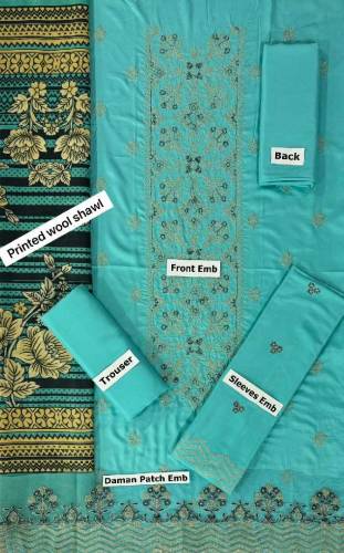 linen Embroidered 3 piece with wool shawl