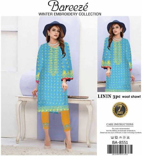 linen Embroidered 3 piece with wool shawl