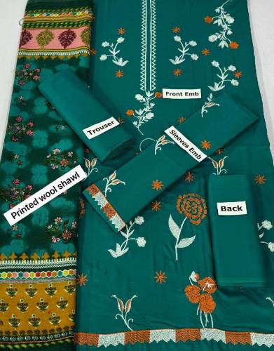 linen Embroidered 3 piece with wool shawl