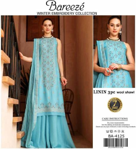 linen Embroidered 3 piece with wool shawl