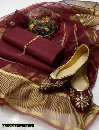 3 pcs woman's unstitched katan silk plain suit with khussa