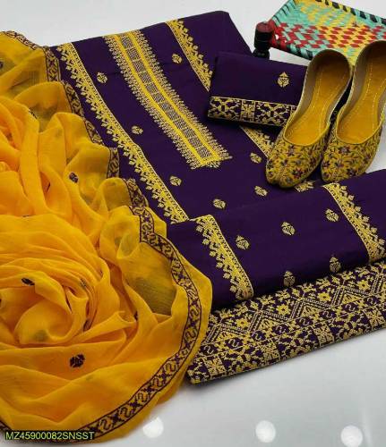 3pcs Women's Unstitched Lawn embroidered suit with free Khussa 