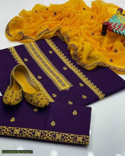 3pcs Women's Unstitched Lawn embroidered suit with free Khussa 