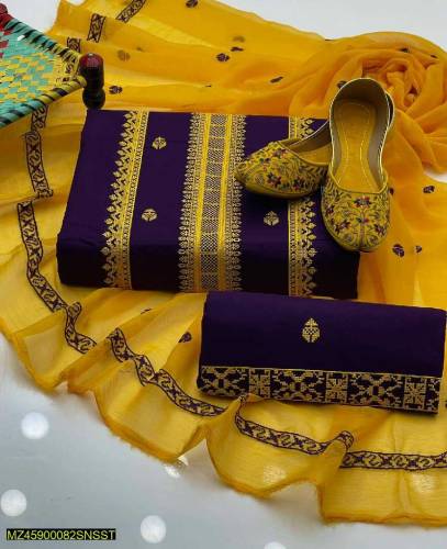 3pcs Women's Unstitched Lawn embroidered suit with free Khussa 