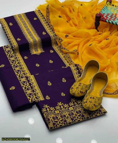 3pcs Women's Unstitched Lawn embroidered suit with free Khussa 