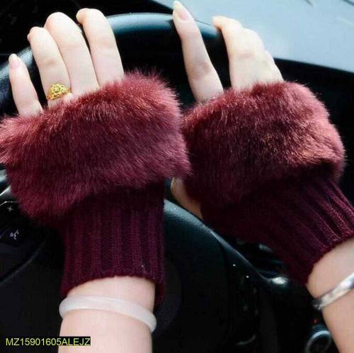 woolen fingerless fur gloves