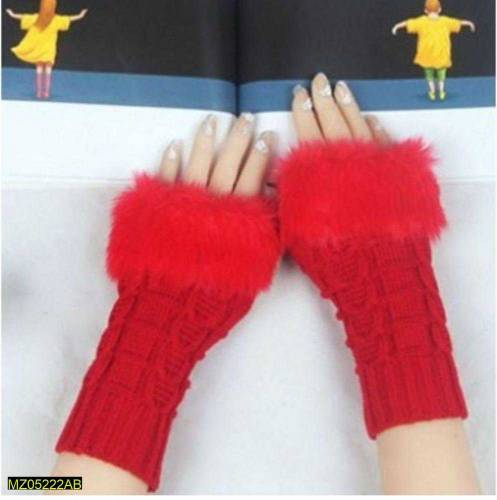 woolen fingerless fur gloves