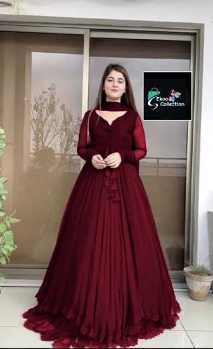 Two Layer Border  Flare Maxi With Plain Dupatta