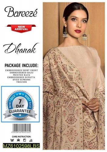 3 Pcs Women's Unstitched Dhanak Embroidered Suit