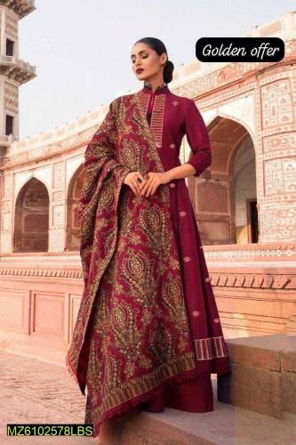 3 Pcs Women's Unstitched Dhanak Embroidered Suit