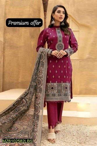 3 Pcs Women's Unstitched Dhanak Embroidered Suit