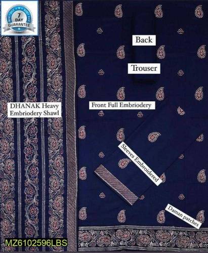 3 Pcs Women's Unstitched Dhanak Embroidered Suit