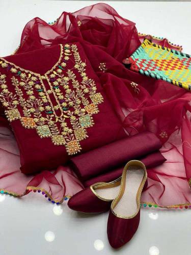 04 PC Organza Shirt Plan Trouser With Matching Shoes , 