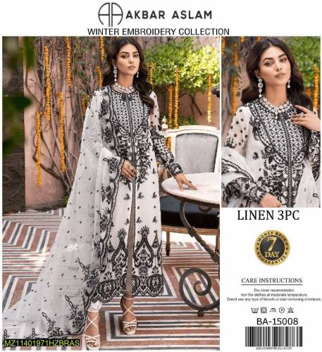 3 pcs Women's unstitched linen embroidered suit 