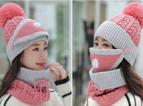 Wool Cap With Neck Warmer & Mask 3 pcs set .*3 PCS LADIES WOOL CAP SET