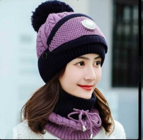 Wool Cap With Neck Warmer & Mask 3 pcs set .*3 PCS LADIES WOOL CAP SET