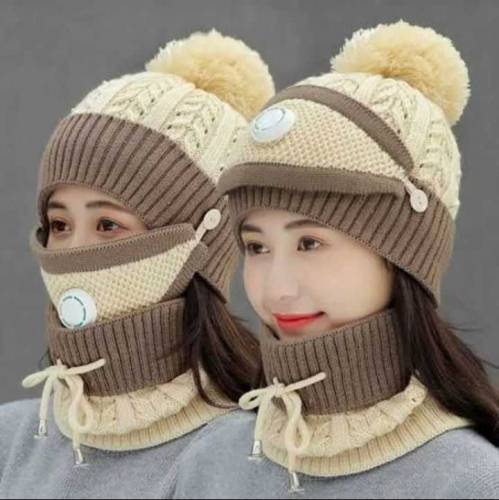 Wool Cap With Neck Warmer & Mask 3 pcs set .*3 PCS LADIES WOOL CAP SET