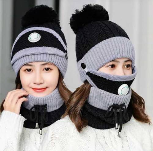 Wool Cap With Neck Warmer & Mask 3 pcs set .*3 PCS LADIES WOOL CAP SET