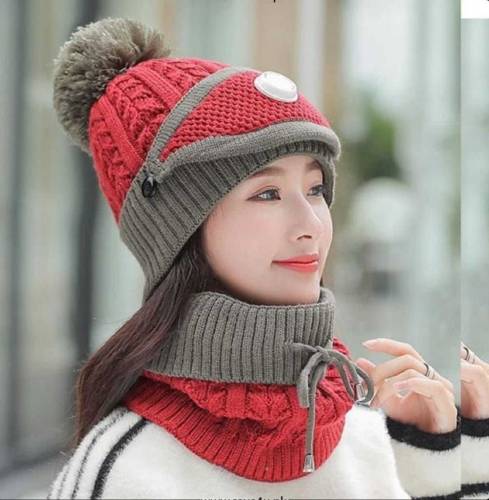 Wool Cap With Neck Warmer & Mask 3 pcs set .*3 PCS LADIES WOOL CAP SET