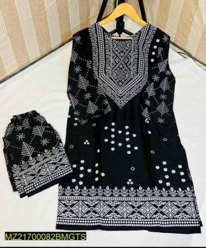 2  pcs women,s stitched linen black printed suit 