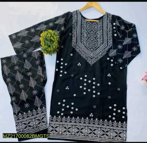 2  pcs women,s stitched linen black printed suit 